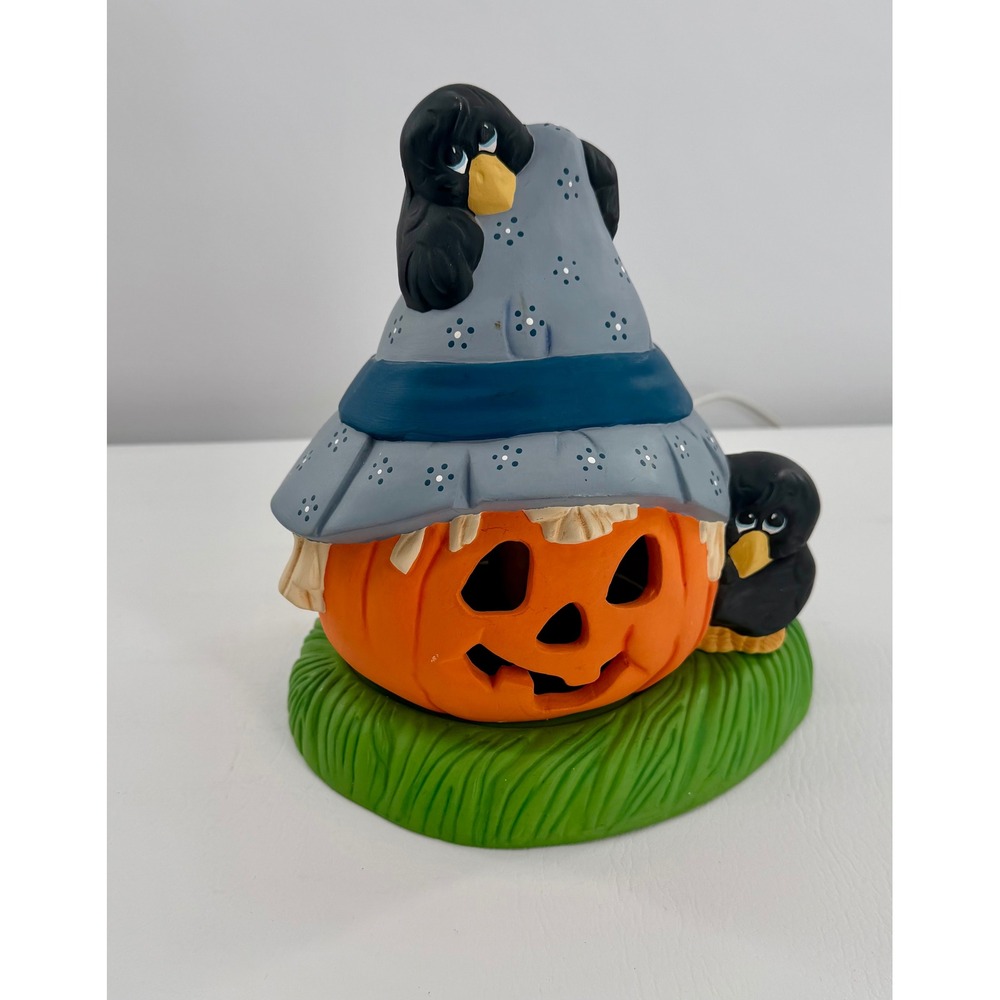 Halloween Pumpkin Crow Lighted Ceramic Folk Art 2 Piece Vintage Decor  READ
